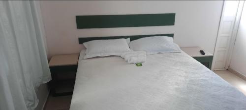a white bed with a green headboard and white pillows at POUSADA BLUE GARDEN in Lages
