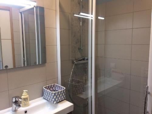 une salle de bain avec douche et lavabo dans l'établissement Appartement 3 pièces, terrasse, aperçu mer, proche plage et centre de Villers-sur-Mer - FR-1-712-86, à Villers-sur-Mer