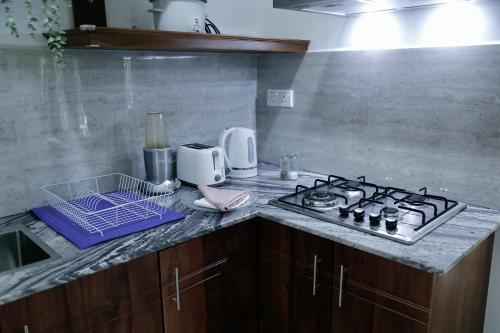 a kitchen counter with a stove and a sink at Gert's Aerovista villa in Seeduwa