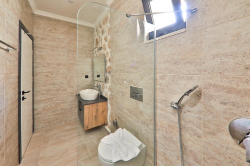 ein Badezimmer mit Dusche, Toilette und Waschbecken in der Unterkunft Villa kırlangıç in Kaş