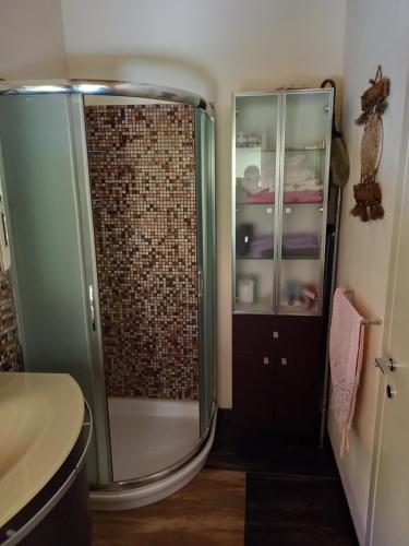 a walk in shower in a bathroom with a sink at Ca' d Licio - Attico in Polinago