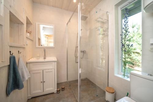 a bathroom with a shower and a sink at Niebieski Domek nad Marychą in Stanowisko
