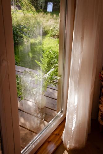 an open window with a view of a yard at Niebieski Domek nad Marychą in Stanowisko