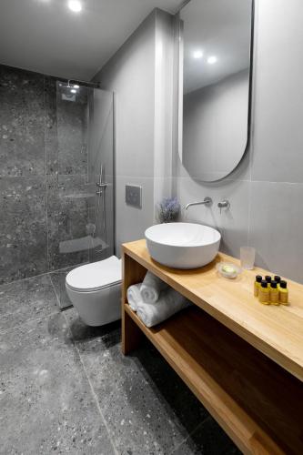a bathroom with a sink and a toilet and a mirror at Kenta Mountain Hotel & Gastrobar in Portariá