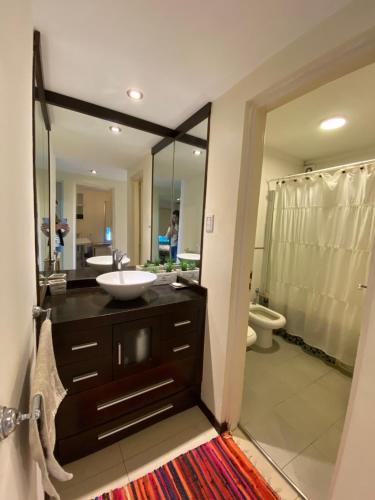 a bathroom with a sink and a toilet and a mirror at Moderno piso con vista al río en zona residencial in San Nicolás de los Arroyos