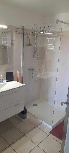 une salle de bain blanche avec une douche et un lavabo dans l'établissement Appartement vue mer Aiguebelle, au Lavandou