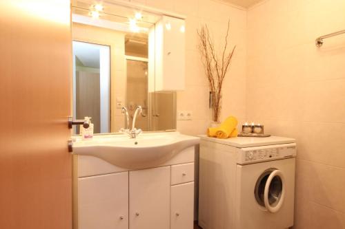 a bathroom with a sink and a washing machine at Apartment Ötztal in Tumpen