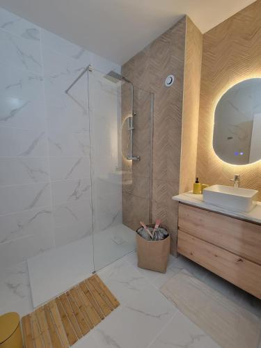 une salle de bain avec douche et lavabo dans l'établissement Splendide T2, 200m de la mer, climatisé, parking, à Cagnes-sur-Mer