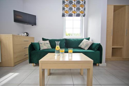 a living room with a green couch and a coffee table at Willa Marianna in Lądek-Zdrój