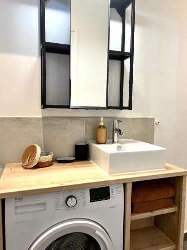 une salle de bain avec un lavabo et une machine à laver dans l'établissement Le Roi Soleil - Proche Avenue de Paris - Cozy, à Versailles