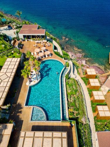 an aerial view of a swimming pool next to the ocean at Root Redrock Yalıkavak in Yalıkavak