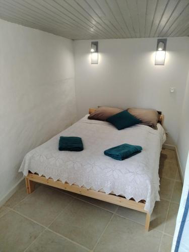 un lit dans une chambre avec deux oreillers dessus dans l'établissement Gites Torreillans - Nid douillet - Gite bleu, à Torreilles