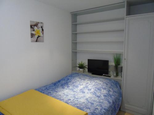 une chambre avec un lit, un bureau et une télévision dans l'établissement Les Mesanges Bleues, à Saint-Jean-de-Monts