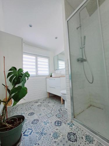 La salle de bains est pourvue d'une douche et d'une plante en pot. dans l'établissement SPA Familial, Zen Zone Jacuzzi & Jardin, Jeux & Cheminée, à Bourgthéroulde