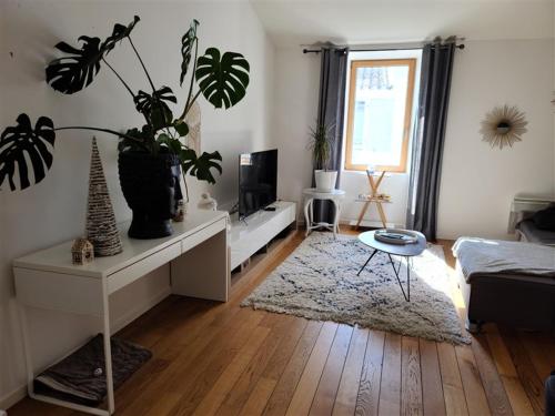 - un salon avec une table et une plante dans l'établissement Maison avec vue sur le port, à Port-Joinville