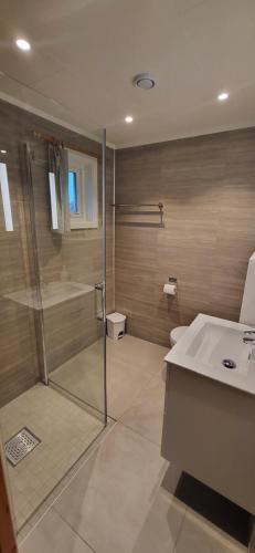 a bathroom with a shower and a toilet and a sink at Statles Rorbu- og Konferansesenter AS in Leknes