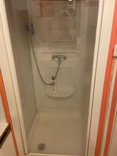 La salle de bains est pourvue d'une douche et d'un tuyau. dans l'établissement Studio meublé campagne, à Saint-Pey-de-Castets