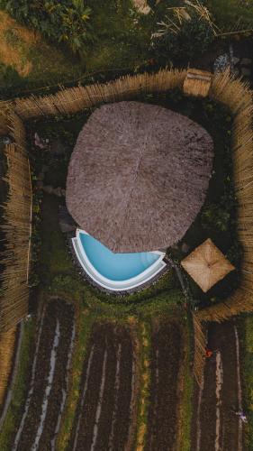 an overhead view of a park with a blue pond at Nivriti Bali in Sidemen