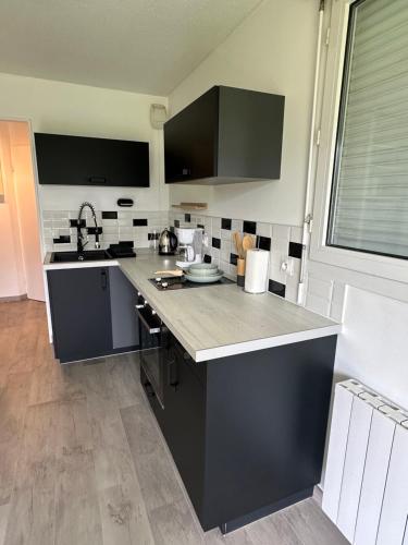une cuisine avec un comptoir noir et blanc dans l'établissement Charmant Studio Le Bourget-du-Lac, au Bourget-du-Lac
