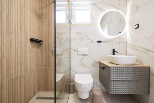a bathroom with a toilet and a sink and a mirror at CROWONDER Villa Bura with Heated Swimming Pool and Jacuzzi in Privlaka