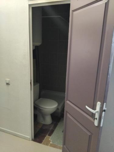 La salle de bains est pourvue de toilettes et d'une porte ouverte. dans l'établissement Votre Havre de Paix à Perpignan1, à Perpignan