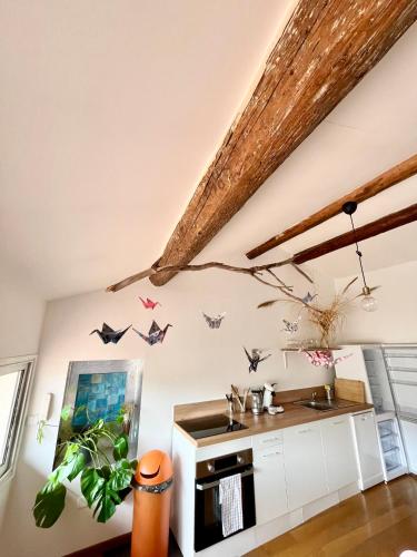 une cuisine avec des papillons sur le mur dans l'établissement A spacious, sunny & calm loft in Avignon’s heart, à Avignon