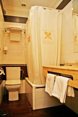 a bathroom with a toilet and a shower curtain at Hostal Victoria I in Madrid