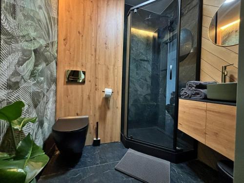 a bathroom with a shower and a toilet and a sink at Ergo Jelitkowo Gdańsk Sopot 600m Do Plaży Parking in Gdańsk