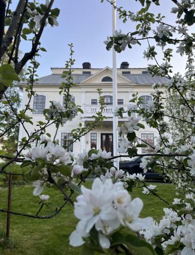 a white house with white flowers in front of it at Lägenhet i sekelskifteshus in Härnösand