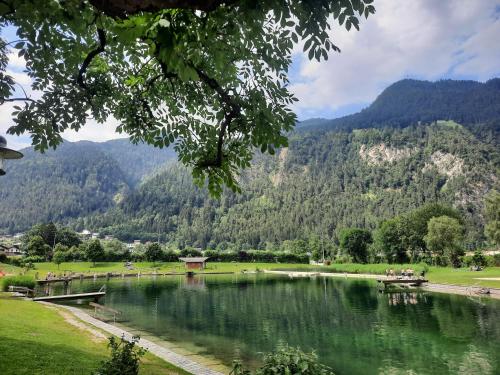 a lake in a park with mountains in the background at Apart Emilia in Schlitters