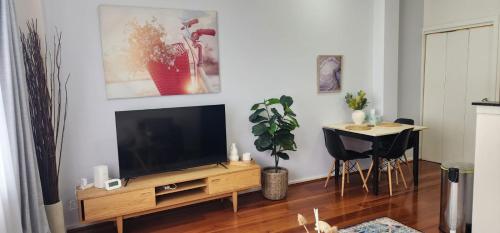a living room with a flat screen tv on a wooden entertainment center at Goldsbrough Business Boutique in Sydney
