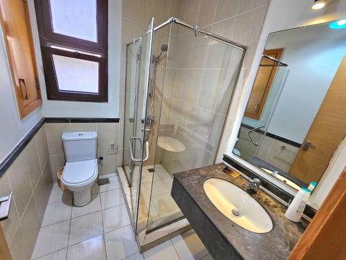 a bathroom with a shower and a toilet and a sink at Twinhouse for rent in Marassi in El Alamein