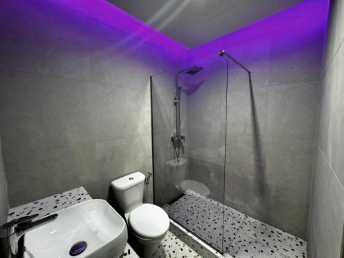 a bathroom with a toilet and a shower with purple lighting at Lyda Apartment in Alexandroupoli
