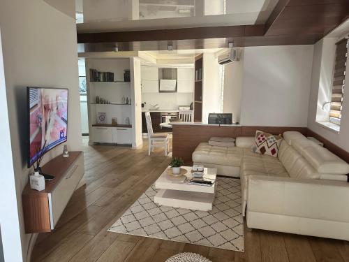 a living room with a couch and a tv at Apartman Gold in Požarevac
