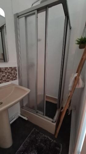 une douche avec une porte vitrée dans une salle de bain dans l'établissement La Fermette à Achicourt - Chambre ZEN, lit double avec grand bureau donnant sur cour au carré, à Achicourt