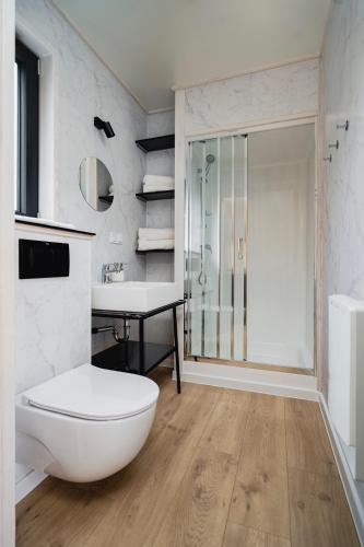 a bathroom with a toilet and a sink and a shower at BED & BIKE Resort Trzęsacz - domki, sauna, jacuzzi & rowery in Trzęsacz