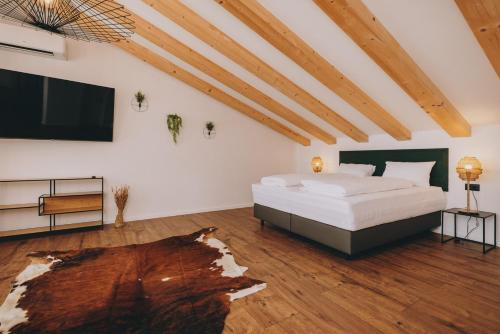a bedroom with a bed and a flat screen tv at Casa Vitale in Tinjan