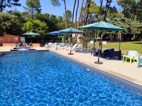 une piscine avec chaises et parasols dans l'établissement La Souléïade, à Bollène