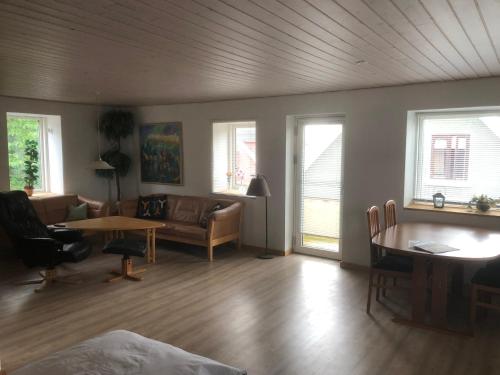 a living room with a couch and a table at Købmandsgården 4 in Sæby