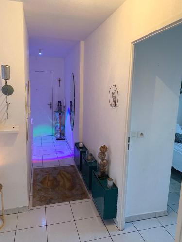 Cette chambre dispose d'une douche avec des lumières violettes. dans l'établissement GrandT3 terrasse vue sur vélodrome, à Marseille