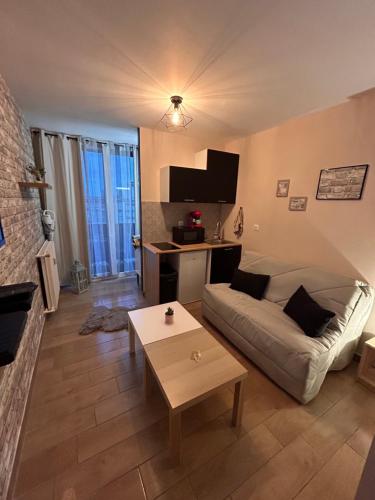 un salon avec un canapé et une table dans l'établissement Superbe studio neuf avec balcon, à Laxou