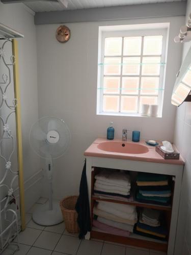 La salle de bains est pourvue d'un lavabo rose et d'une fenêtre. dans l'établissement Petite maison de vacance pour 6 personnes, quartier calme, à La Teste-de-Buch