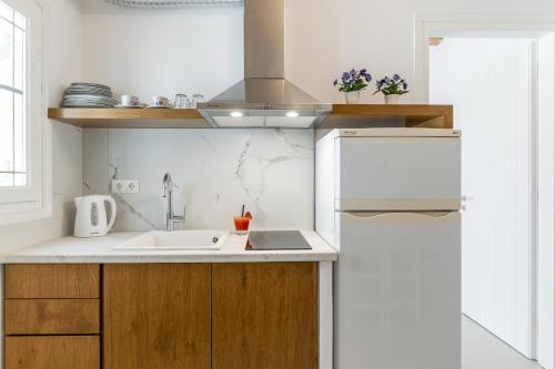 a kitchen with a sink and a refrigerator at Birikos Hotel & Suites in Agios Prokopios