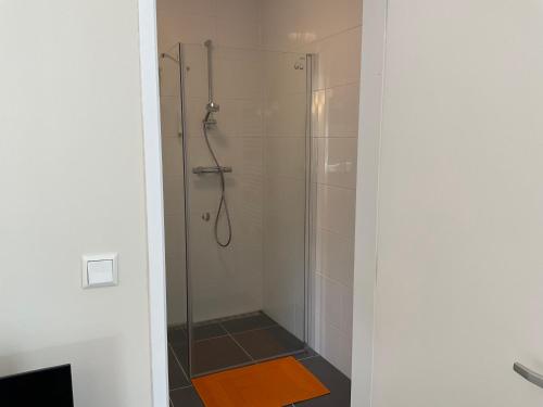 ein Badezimmer mit Dusche mit Glastür in der Unterkunft Aristoteles Apartments in Scheveningen