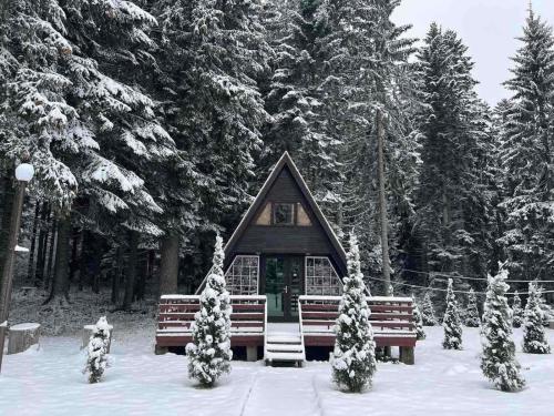 a small cabin in the snow with benches and trees at Chalet Musala Borovets by BookVillaBG in Borovets