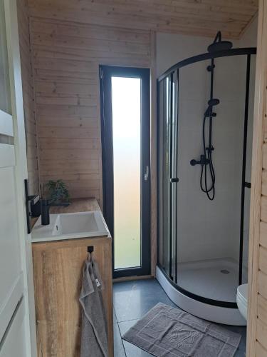 a bathroom with a shower and a sink at Cichy Brzeg Mazurski in Popowo Salęckie