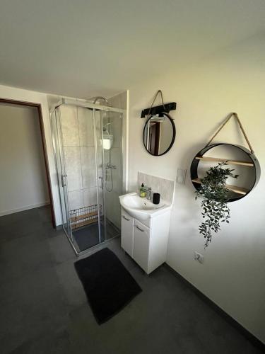 a bathroom with a shower and a sink and a mirror at Apartament Koninki in Poręba Wielka