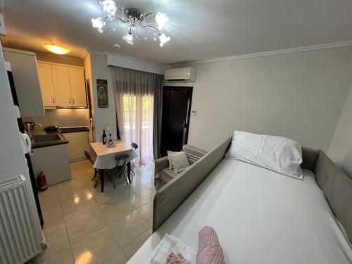 a bedroom with a bed and a kitchen with a table at Metaxenia's apartment 102 in Nea Skioni