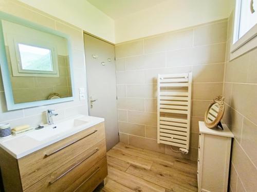 une salle de bain avec un lavabo et un miroir dans l'établissement Terrasse du Laurier - Centre-ville - ascenseur, à Digne-Les-Bains