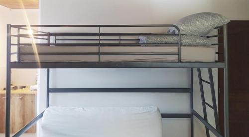 a bunk bed in a small room with a bunk bedutenewayangering at Charmant Studio au Calme Proche Rer Stade de France Paris in Stains
